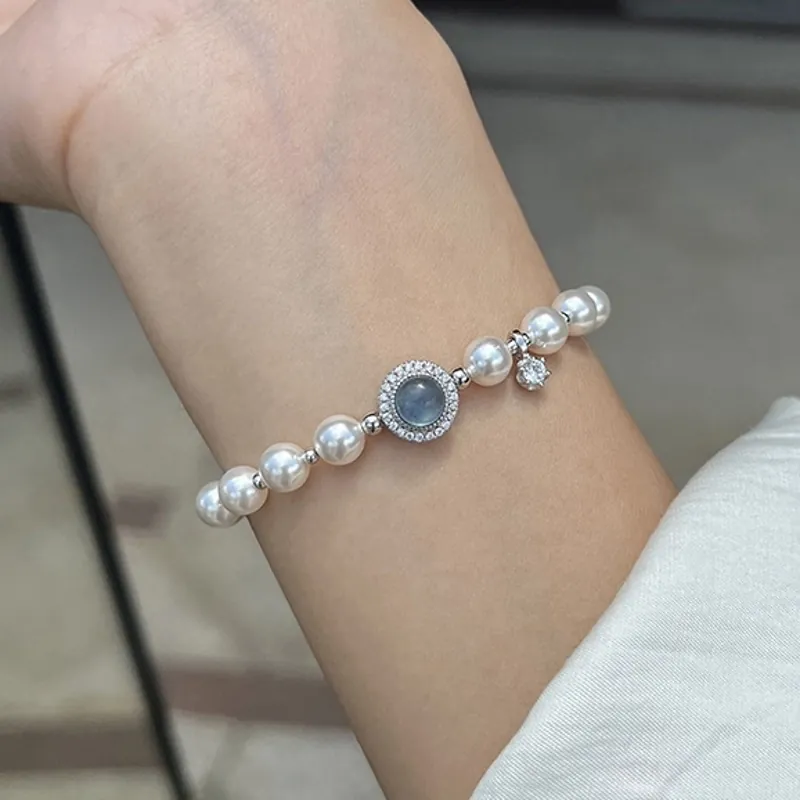 Elegant Artificial Pearl Bracelet For Women With Round Blue Zircon And Star Charm Copper Jewelry Elegant Accessory