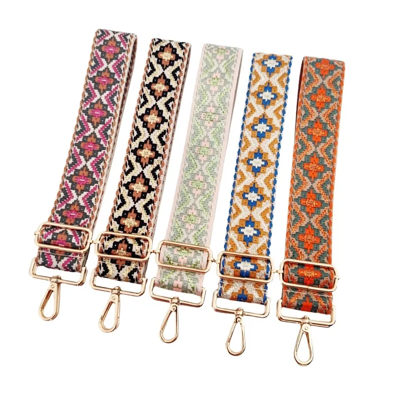 Bag Strap Wide Shoulder Strap Ethnic Jacquard Pattern Polyester Cotton Adjustable Replacement Belt With Metal Buckle