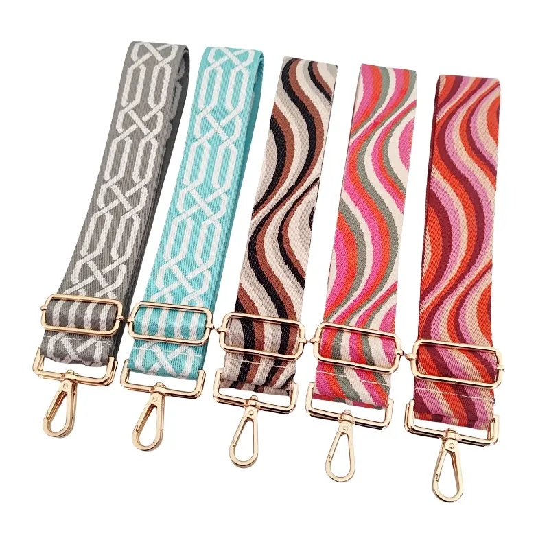 Adjustable Wide Shoulder Strap Jacquard Fabric Replacement Belt For Crossbody Bag Geometric Striped Pattern Metal Hooks