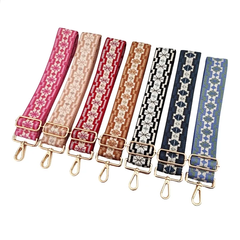 Wide Shoulder Bag Strap Replacement Adjustable Jacquard Cotton Ethnic Geometric Pattern Metal Buckle For Crossbody Bag