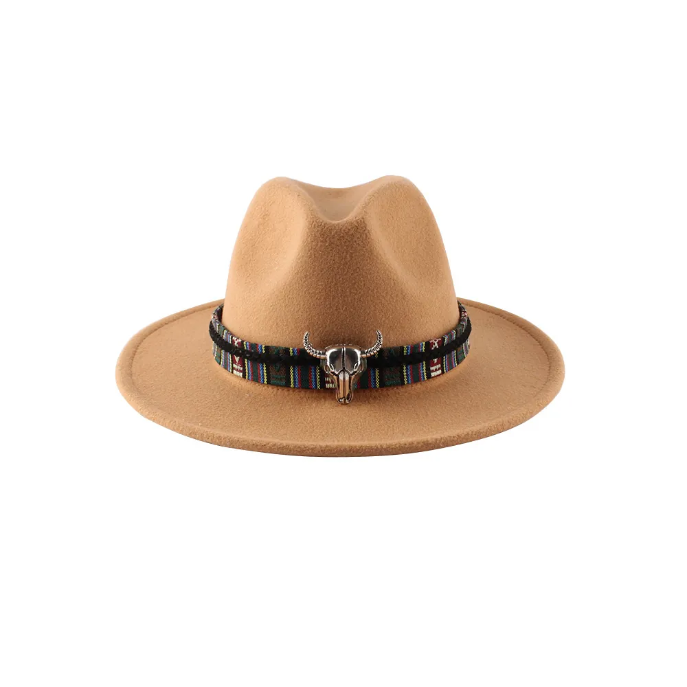 Vintage Westlicher Cowboy Wollfilz Filzhut Für Damen Ethno Webband Metall Kuhkopf Dekor Breitkrempiger Britischer Jazzhut