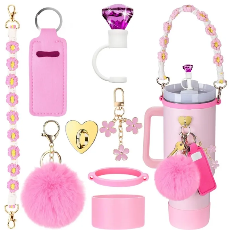 Silicone Straw Cover Cap Protective Cup Boot Woven Lanyard Pom Pom Keychain Pouch Decoration For Insulated Water Bottle