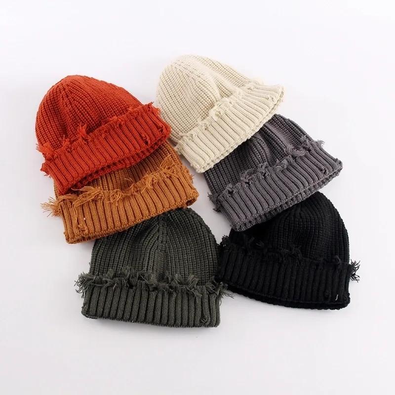 Women Beanie Hat Distressed Fringe Edge Knitted Acrylic Winter Warm Streetwear Soft Solid Color