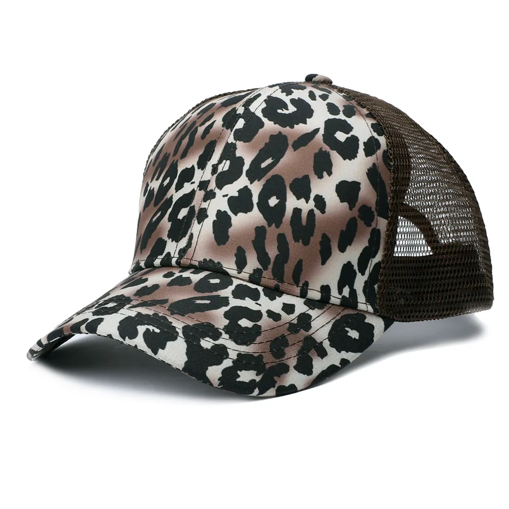 Leopard Print Ponytail Baseball Cap Women Mesh Trucker Hat Breathable Sun Visor Outdoor Sport Casual Outdoor Accessory