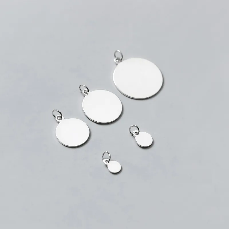 925 Sterling Silver Round Charm Pendant Polished Geometric Smooth Tag For DIY Jewelry Making Minimalist Style