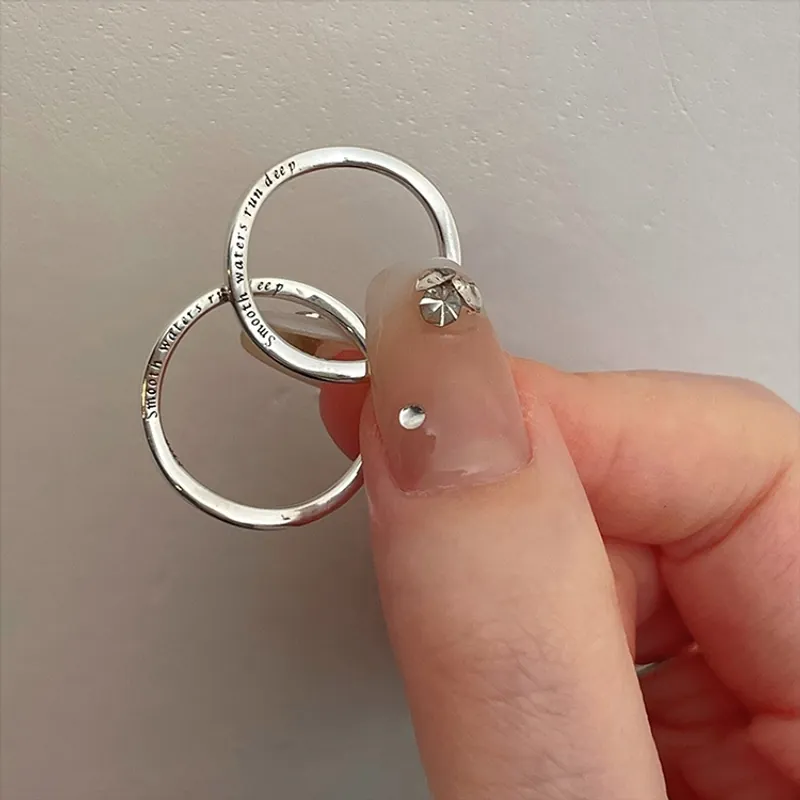 S925 Sterling Silver Wave Ring For Women Minimalist Engraved Smooth Waters Run Deep Open Adjustable Fashion Jewelry Gift