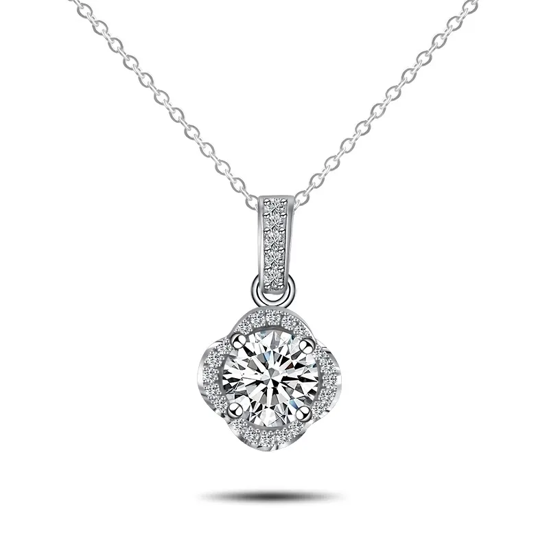 Ciondolo Collana Moissanite Argento Sterling S925 Taglio Brillante Rotondo Halo Floreale Catena Clavicola Per Donne Gioielli