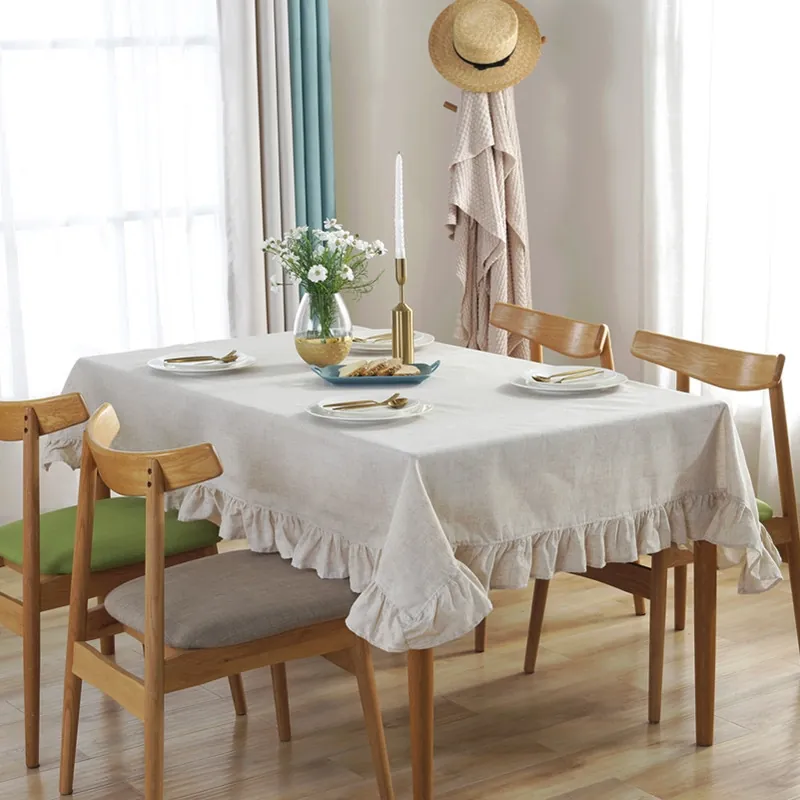Nordic Tablecloth Cotton Linen Ruffle Edge Decorative Dustproof Table Cover For Dining Room Kitchen Plaid Striped Simple