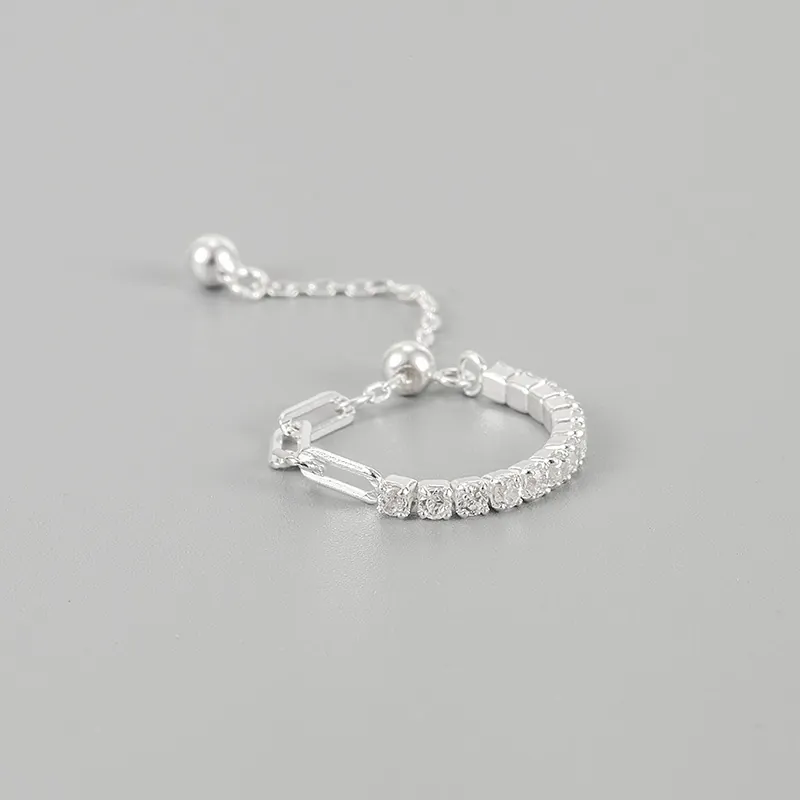 925 Sterling Silver Adjustable Chain Link Ring For Women Minimalist Inlaid Rhinestone Geometric Finger Ring Fashion Jewelry Gift