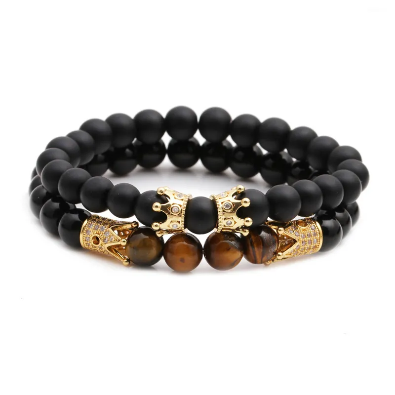 Bracelet En Perles D'œil De Tigre Avec Agate Noire Mate Charmes Couronne En Cuivre Et Zircon Bijoux Faits À La Main