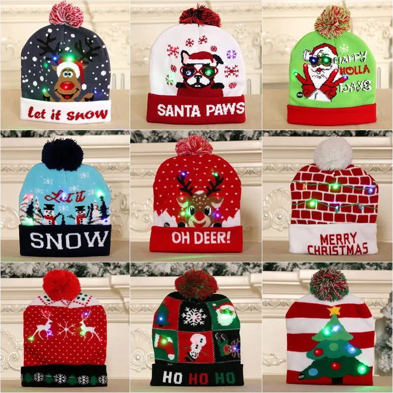 LED Light Up Knitted Christmas Beanie Hat Glowing Colorful Flashing Holiday Party Xmas Novelty Cartoon For Adults Kids