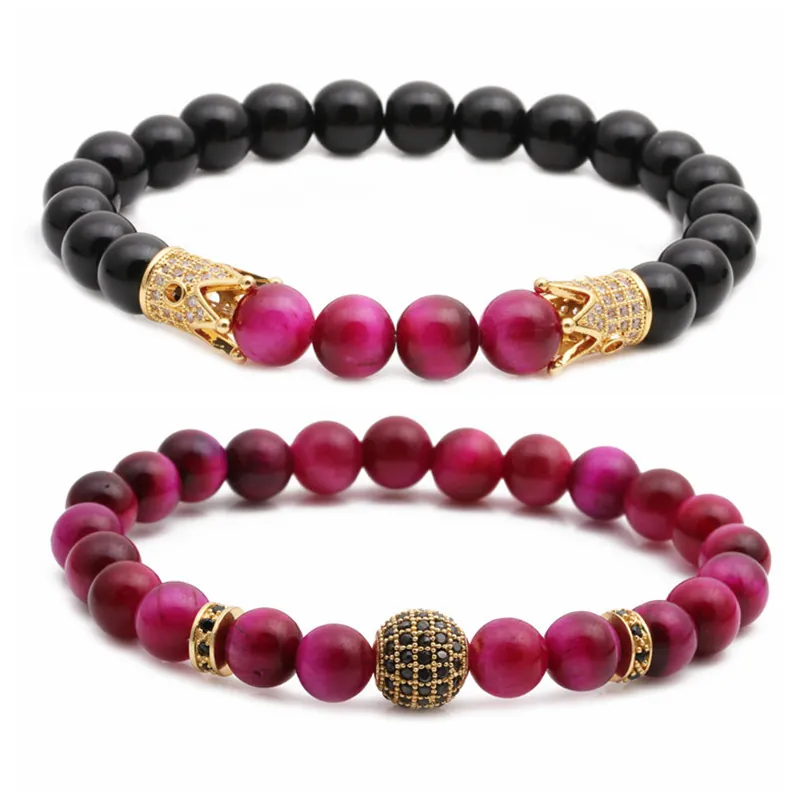 Tigerauge Und Mattstein Perlenarmbänder Mit Kupfer Zirkonia Kronenanhänger Trendiger Schmuck Unisex