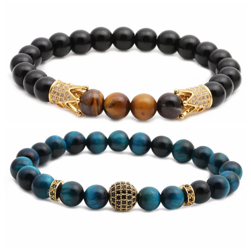 Bracciale Di Perline In Pietra Occhio Di Tigre Naturale Agata Nera Lega Di Rame Corona Di Zirconi Micro Pavé Gioielli Fatti A Mano Unisex