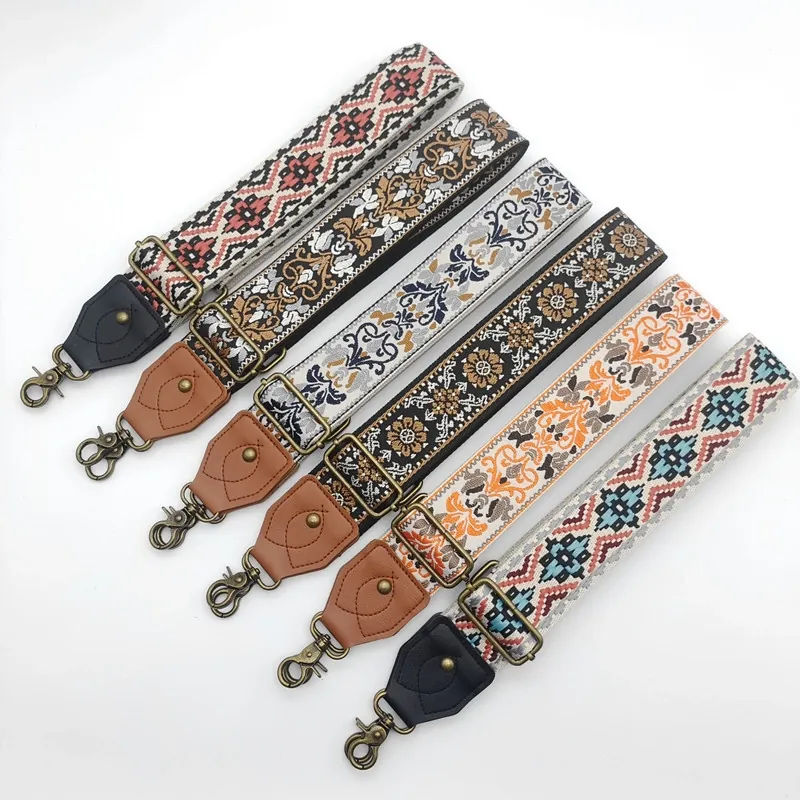 Ethnic Bohemian Wide Bag Strap Replacement Adjustable Fabric Shoulder Strap With Leather Ends For Women