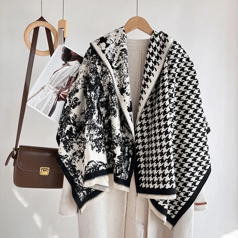 Houndstooth Ink Painting Scarf Shawl Double Sided Warm Winter Viscose Tassel Elegant Wrap For Women