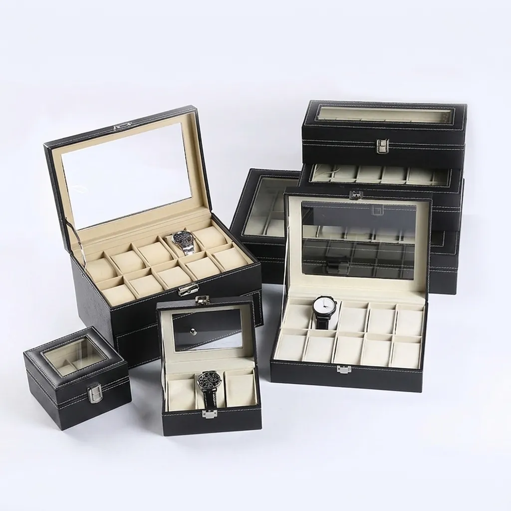 Uhrenbox Aus PU Leder Uhrenorganisator Display Mit Glasdeckel Und Metallschnalle Schmuckhalter Mit Herausnehmbaren Kissen Elegant