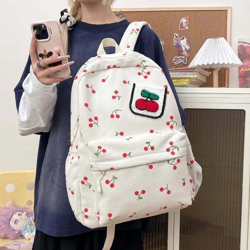 Zaino In Velluto A Coste Stile Giapponese Carino Stampa Ciliegie Cartella Moda Ricamo Viaggio Casual Per Donne Ragazze