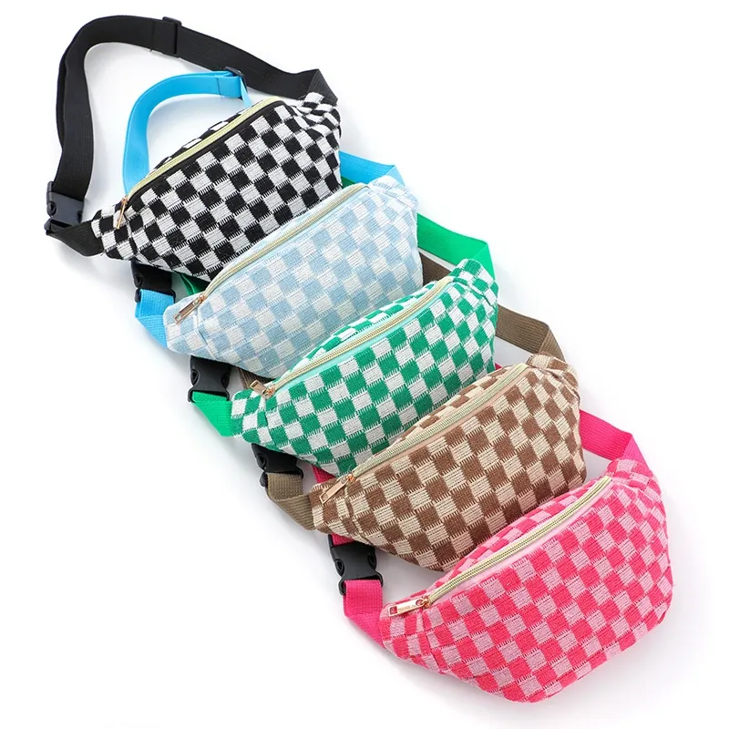 Checkerboard Knitted Waist Bag Adjustable Strap Sports Outdoor Fanny Pack Chest Bag For Women Men Casual Trendy