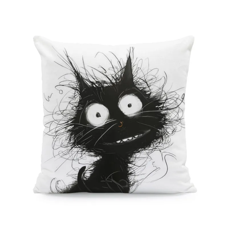 Cartoon Cat Pillowcase Super Soft Square Cushion Cover For Sofa Living Room Home Decor Artistic Ink Painting Style