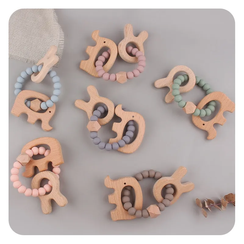Baby Teether Rattle Bracelet Beech Wood Elephant Rabbit Animal Shapes Food Grade Silicone Beads Infant Chewing Toy