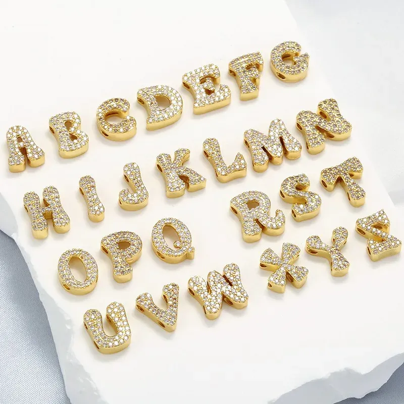 Micro Pave Zirkonia Alphabet Anfangsbuchstaben Anhänger Messing 18K Vergoldet Schiebeperlen Für DIY Schmuckherstellung