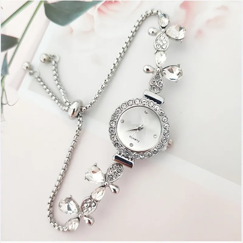 Fashion Flower Rhinestone Leaf Women Bracelet Watch Adjustable Pull-out Strap Small Dial Quartz Watch Jewelry Watch For Ladies