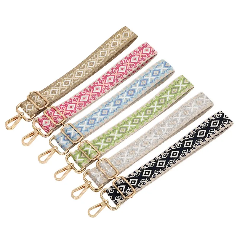 Adjustable Bag Strap Replacement Wide Shoulder Crossbody Belt Ethnic Geometric Pattern Polyester With Metal Buckles