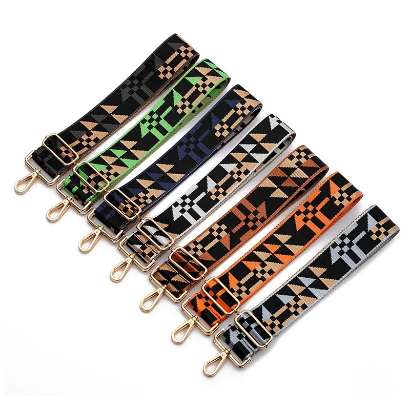 Wide Shoulder Bag Strap Replacement Adjustable Polyester Geometric Jacquard Pattern Ethnic Style For Crossbody Bags Metal Hooks