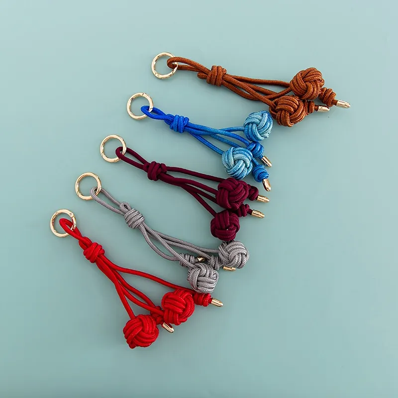 Handmade Woven Nylon Cord Bag Charm Keychain Decorative Knot Pendant With Gold Metal Hardware Accessory For Purse
