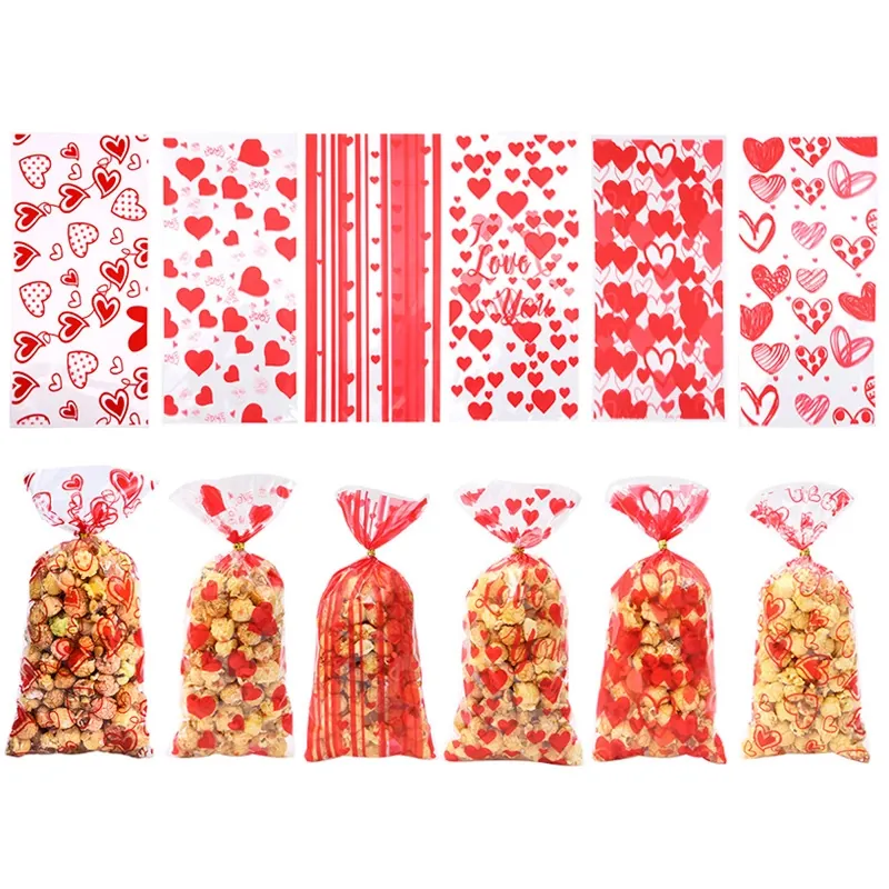Heart Pattern Transparent Candy Packaging Bags Plastic Cellophane Gift Treat Bags For Valentine Party With Twist Ties
