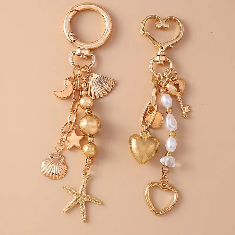 Gold Zinc Alloy Keychain With Shell Starfish Moon Stars And Faux Artificial Pearls Heart Key Pendants Bag Charm Ornament For Women