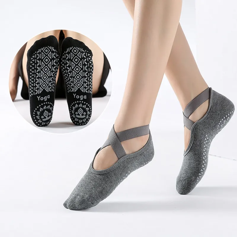Women Non Slip Yoga Socks Terry Cotton Open Back Ballet Cross Strap Pilates Socks For Dance Fitness Barre Gym Workout