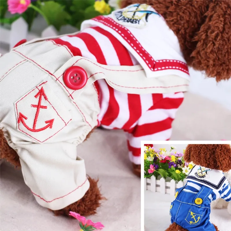 Nautical Sailor Dog Jumpsuit Striped Pet Overalls With Anchor Embroidery Cotton Blend Four Legged Apparel For Small Dogs