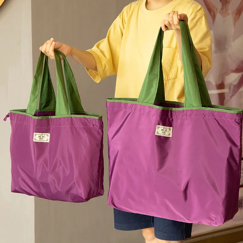 Large Capacity Foldable Shopping Bag Portable Nylon Oxford Fabric Waterproof Tote Handbag Eco Friendly Contrast Color