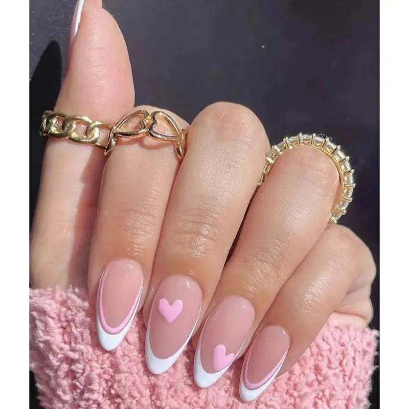 Pink Heart Press On Nails Almond Shape French Tip Sweet Ins Style Long Fake Nail Tips Elegant Manicure For Women