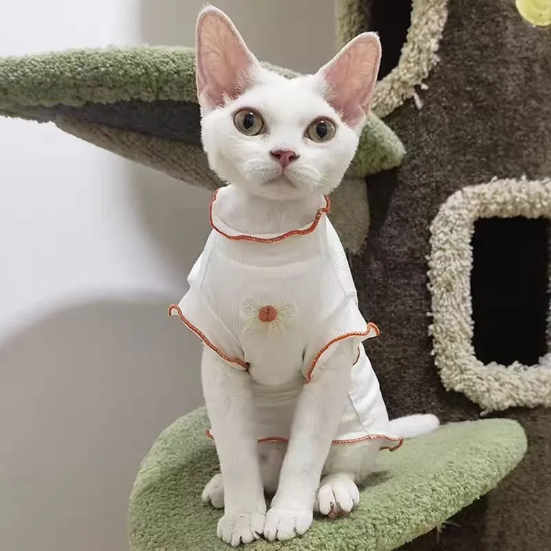 Pet Cat Dog Shirt Breathable Rib Knit Lace Bow Orange Scalloped Edge Ruffle Trim Summer Thin Apparel
