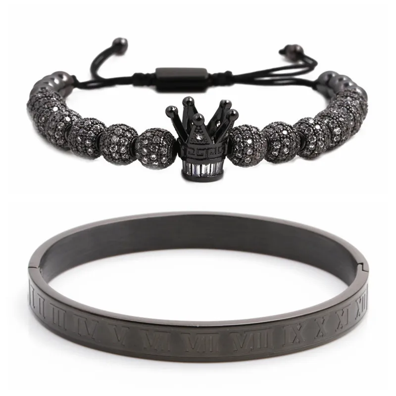 Set di Gioielli da Uomo Con Bracciale Rigido Numeri Romani in Acciaio Inossidabile e Braccialetto Corona Zirconia Regolabile 2 Pezzi