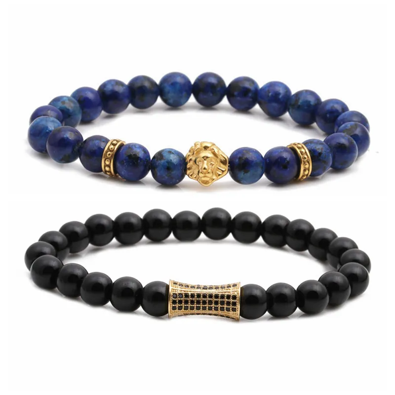 Ensemble De Bracelets Perlés Homme Pierre Naturelle Hématite Tête De Lion En Acier Inoxydable Zircon Style Hip Hop