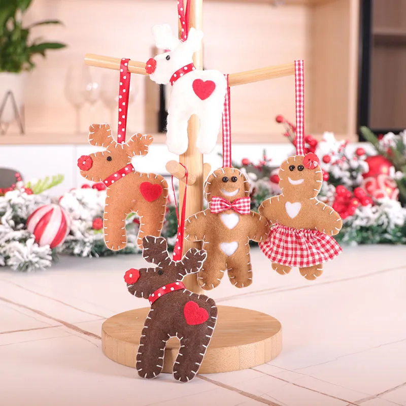 Christmas Tree Hanging Ornaments Felt Reindeer And Gingerbread Man Handmade Holiday Party Decoration