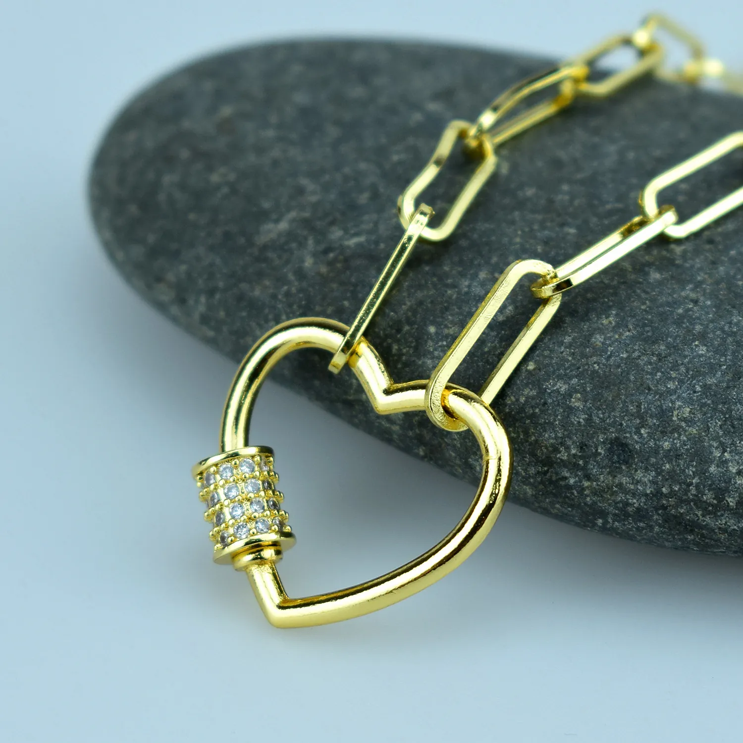 Collier Pendentif Mousqueton Coeur Plaqué Or Chaîne Trombone En Acier Inoxydable Micro Pavé Zircone Bijoux Femmes