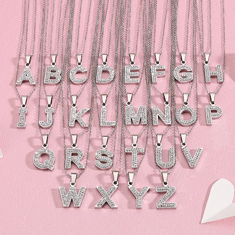 Collier Pendentif Alphabet Acier Inoxydable Zirconium Cubique Complet Lettre A-Z Bijoux De Mode Pour Femmes