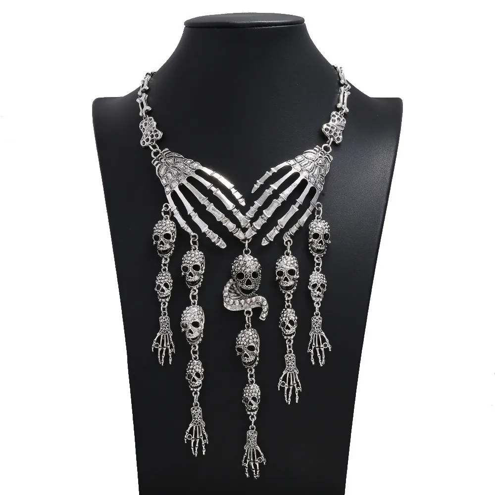 Gotische Skeletthand Totenkopf Halskette Legierung Strass Vintage Punk Halloween Schmuck Für Damen Statement Fransenkette