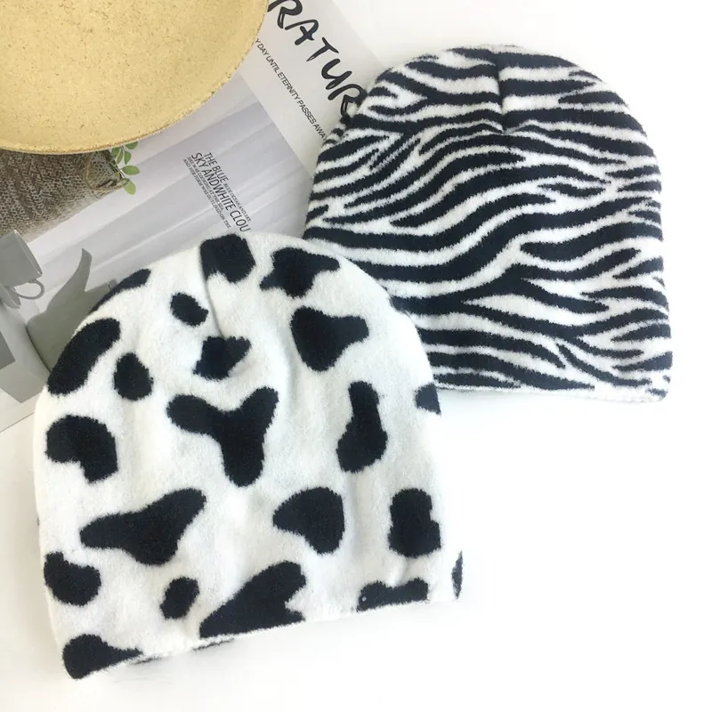 Winter Knitted Beanie Hat Cotton Polyester Warm Animal Print Zebra Cow Checkerboard Houndstooth Casual Outdoor Adult