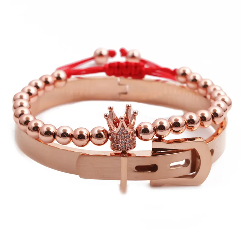 Bracciale Rigido In Acciaio Inossidabile Corona Zircone E Bracciale In Corda Intrecciata Regolabile Gioielli Di Moda Unisex Accessori Eleganti