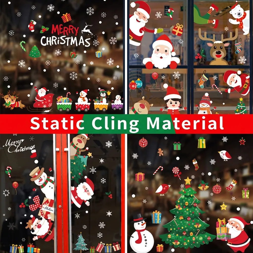 Christmas Window Clings Static PVC Stickers Removable Reusable Santa Claus Snowflakes Reindeer Xmas Decor Shop Home