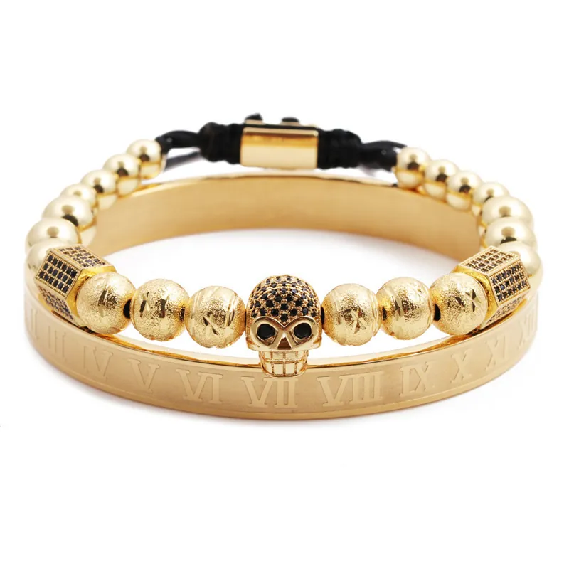 Bracciale E Manetta Da Uomo Acciaio Inossidabile Rame Zirconia Numeri Romani Teschio Corona Punk Hip Hop Regolabile