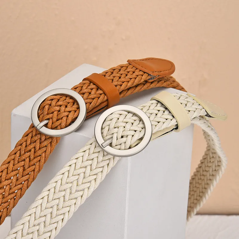 Women Braided Woven Belt Retro Wax Rope Adjustable Round Pin Buckle Korean Style Casual Waist Strap