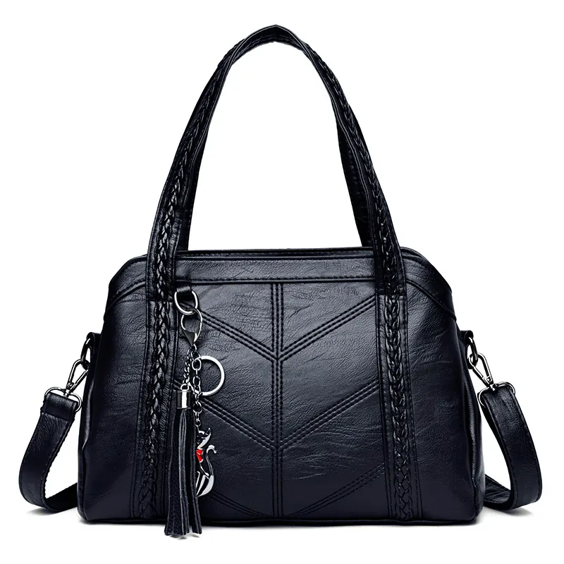 Women Large Capacity PU Leather Handbag V-Stitched Shoulder Bag Braided Handle Cat Tassel Pendant Urban Crossbody Tote