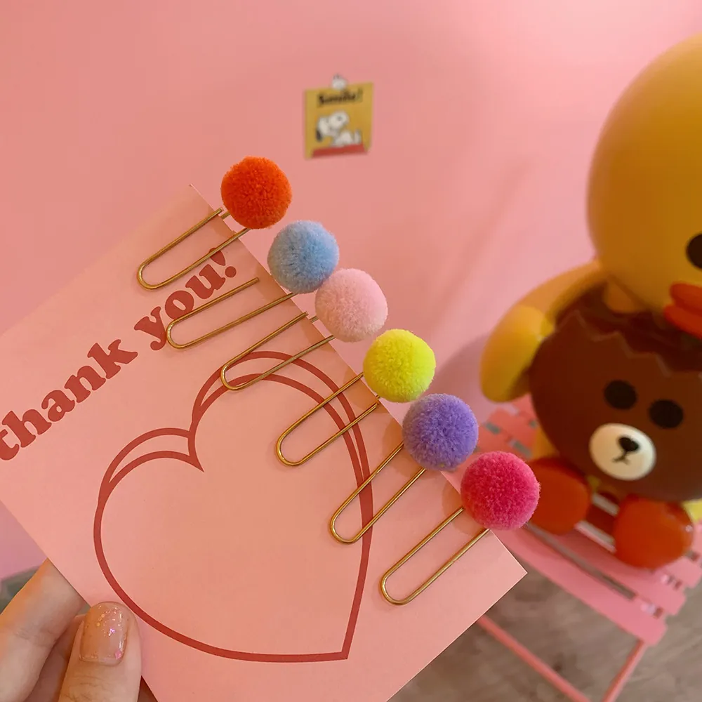 Cute Pompom Paper Clips Gold Metal Bookmarks Colorful Plush Ball Decorative Document Organizers Japanese Style Stationery