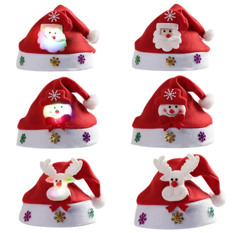 Christmas Hat LED Glowing Cartoon Santa Snowman Reindeer Plush Non-woven Sequin Party Decor For Adults Kids Festive